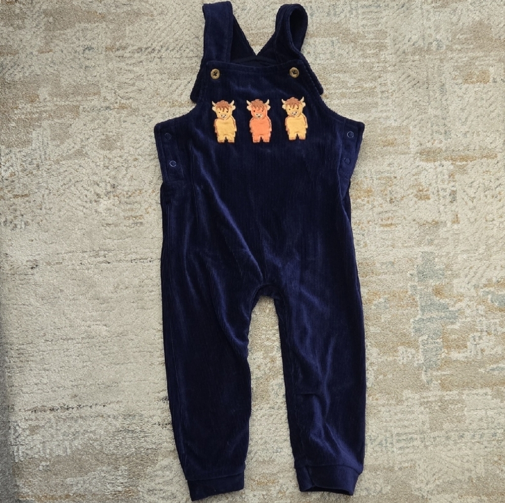 Navy Blue Corduroy Kids Overalls with Bull Design